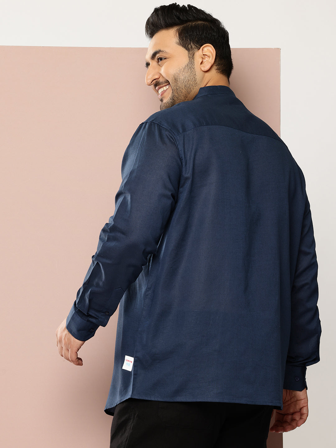 Thomas Scott Men Navy Premium Plus Size Regular Fit Long Sleeves Band Collar Solid Cotton Linen Casual Shirt