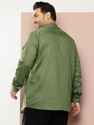 Olive Premium Plus Size Regular Fit Long Sleeves Band Collar Solid Cotton Linen Casual Shirt For Men