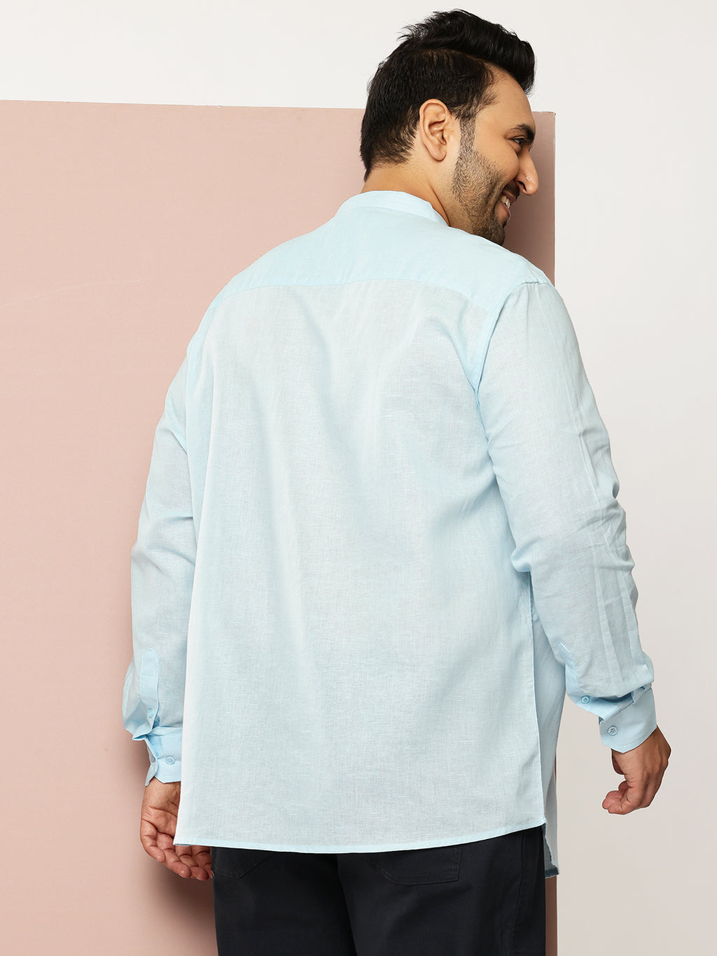 Thomas Scott Men Sky Blue Premium Plus Size Regular Fit Long Sleeves Band Collar Solid Cotton Linen Casual Shirt