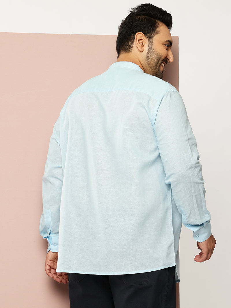 Thomas Scott Men Sky Blue Premium Plus Size Regular Fit Long Sleeves Band Collar Solid Cotton Linen Casual Shirt
