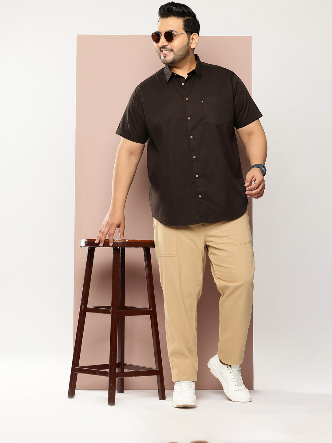 Thomas Scott Men Coffee Premium Plus Size Regular Fit Short Sleeves Spread Collar Solid Casual Shirt