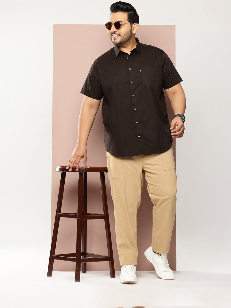 Thomas Scott Men Coffee Premium Plus Size Regular Fit Short Sleeves Spread Collar Solid Casual Shirt