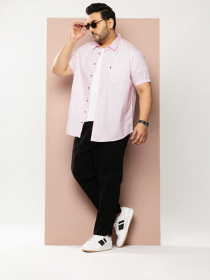 Thomas Scott Men Pink Premium Plus Size Regular Fit Short Sleeves Spread Collar Solid Casual Shirt