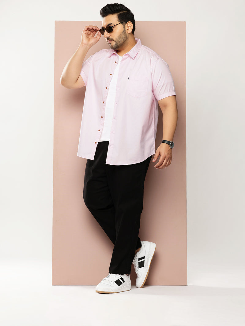 Thomas Scott Men Pink Premium Plus Size Regular Fit Short Sleeves Spread Collar Solid Casual Shirt