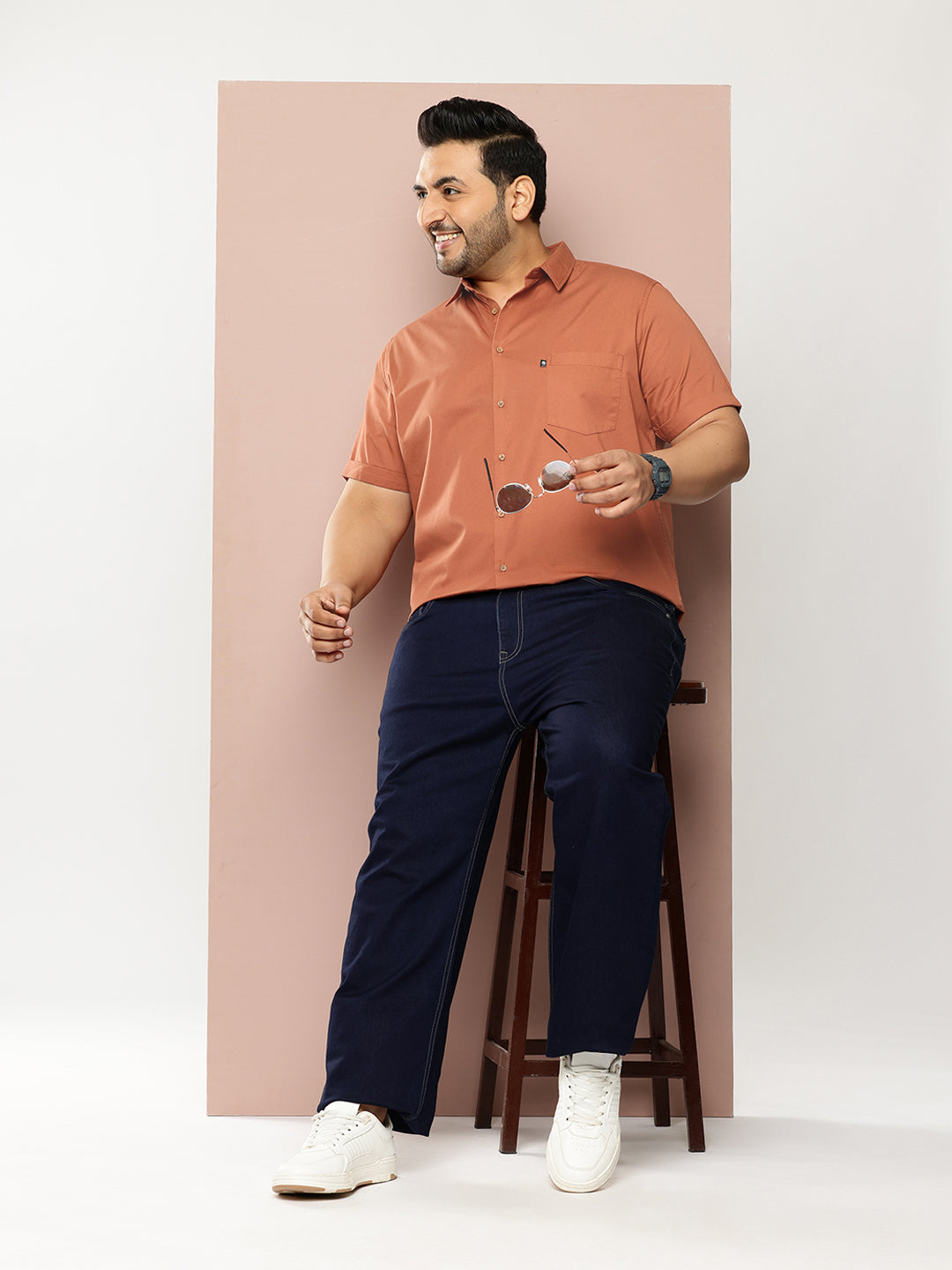 Thomas Scott Men Rust Premium Plus Size Regular Fit Short Sleeves Spread Collar Solid Casual Shirt