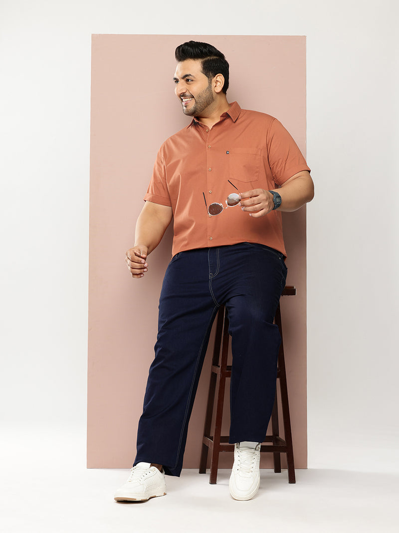 Thomas Scott Men Rust Premium Plus Size Regular Fit Short Sleeves Spread Collar Solid Casual Shirt