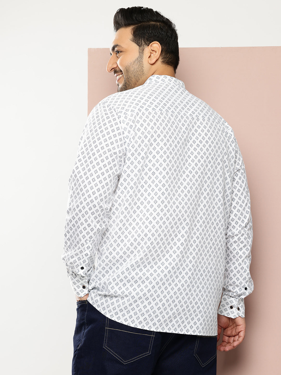 Thomas Scott Men White Premium Plus Size Regular Fit Long Sleeves Geometric Print Cotton Linen Casual Shirt