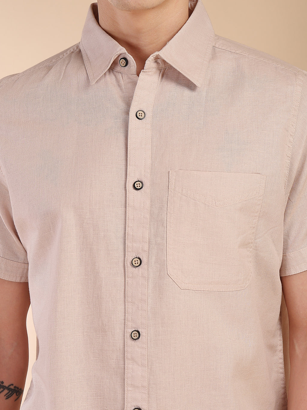 Thomas Scott Men Beige Regular Fit Short Sleeves Spread Collar Linen Casual Shirt