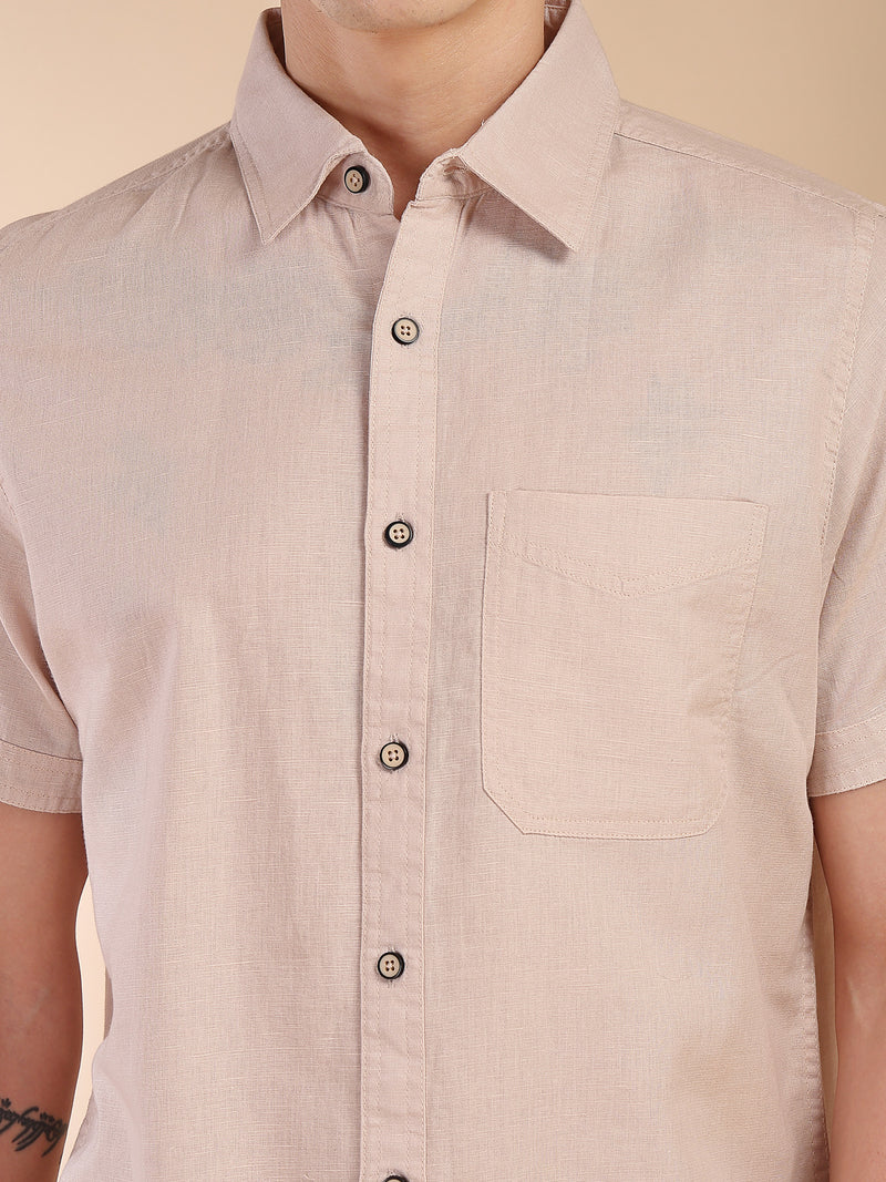 Thomas Scott Men Beige Regular Fit Short Sleeves Spread Collar Linen Casual Shirt