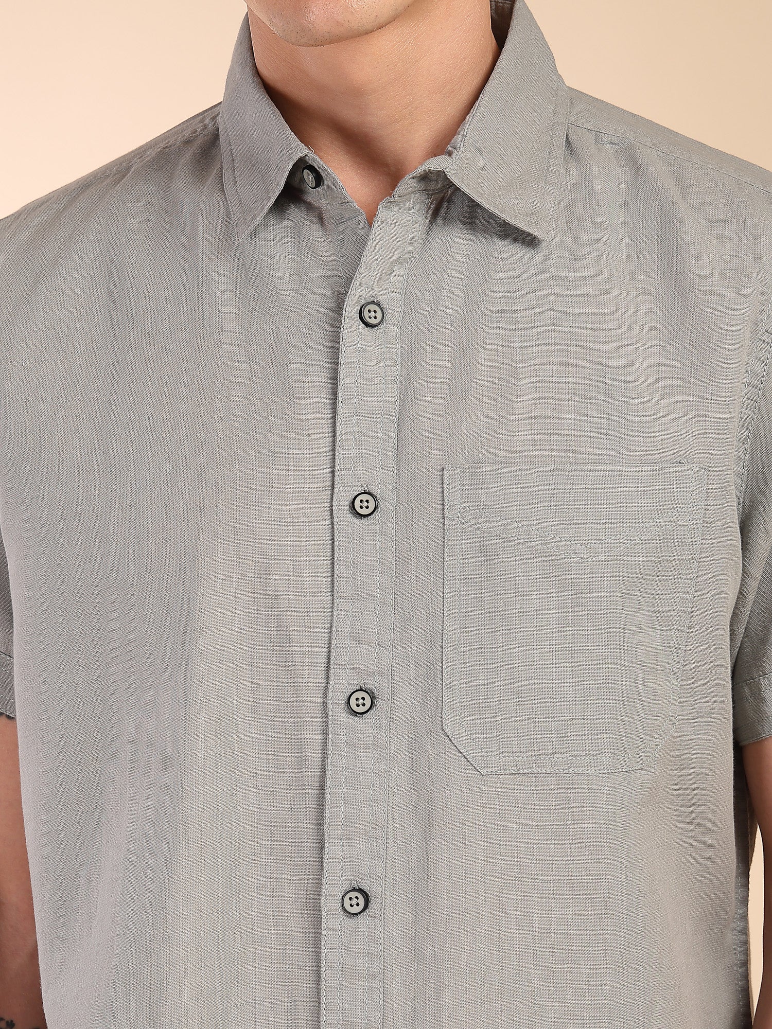Thomas Scott Men Grey Regular Fit Short Sleeves Spread Collar Linen Casual Shirt