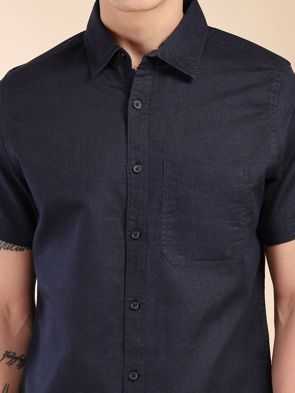Thomas Scott Men Navy Regular Fit Short Sleeves Spread Collar Linen Casual Shirt