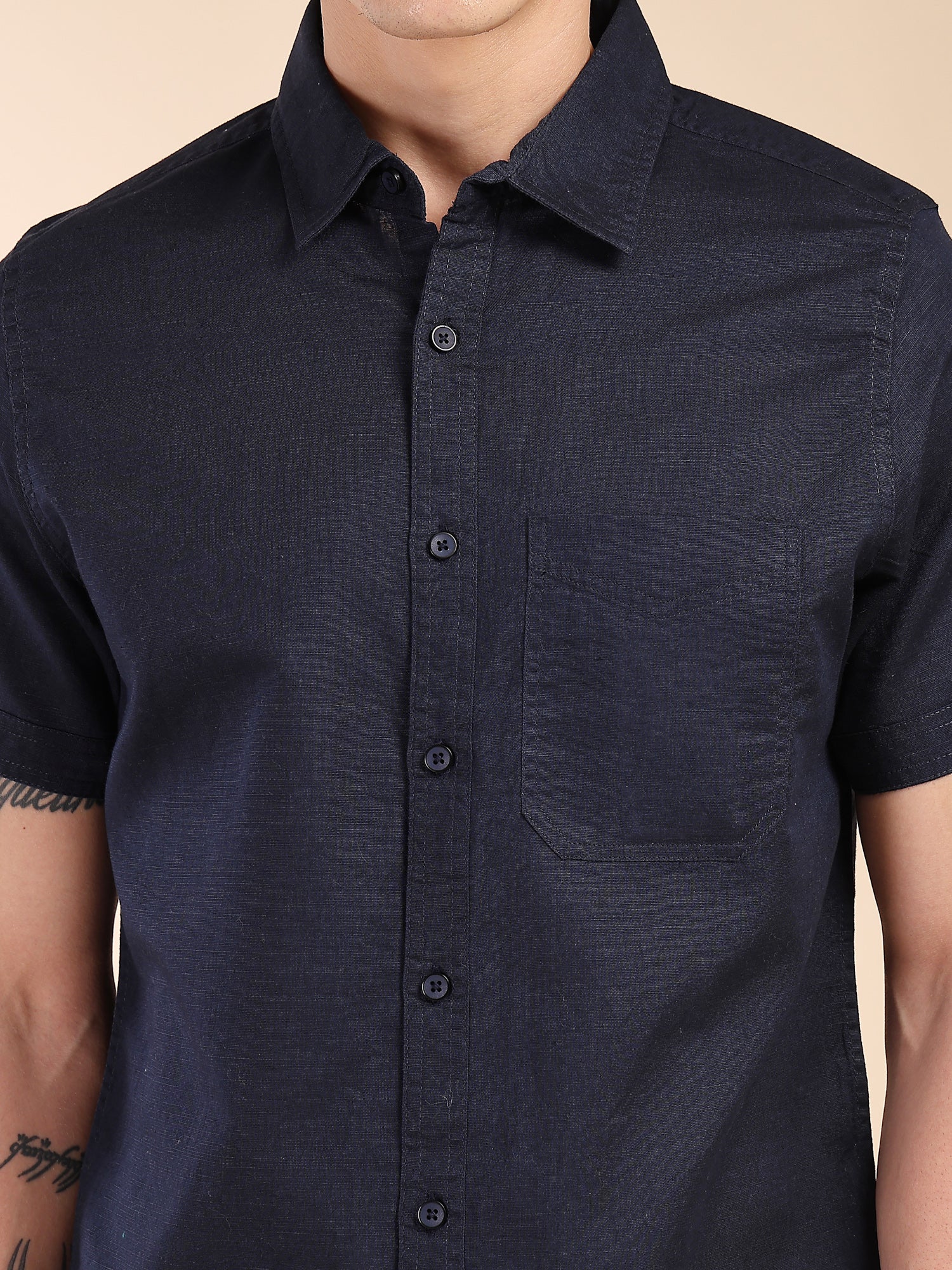 Thomas Scott Men Navy Regular Fit Short Sleeves Spread Collar Linen Casual Shirt