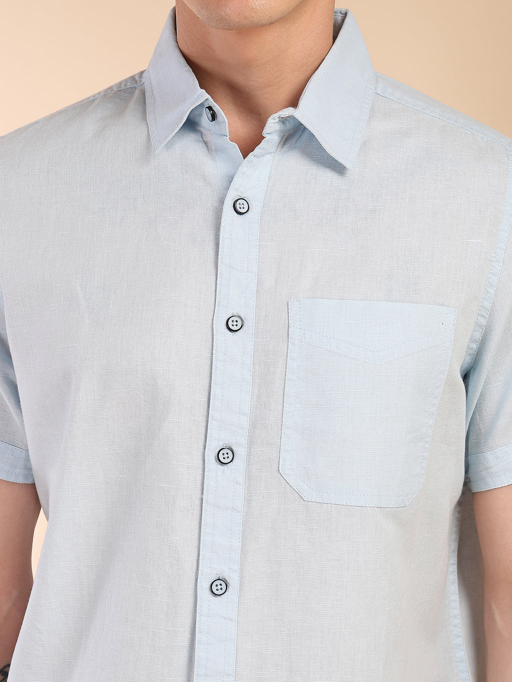 Thomas Scott Men Sky Blue Regular Fit Short Sleeves Spread Collar Linen Casual Shirt
