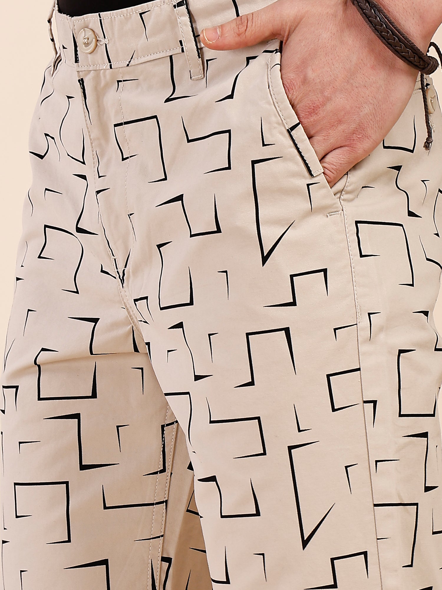 Thomas Scott Men Beige Mid-Rise Regular Fit Geometric Print Cotton Woven Chinos Shorts
