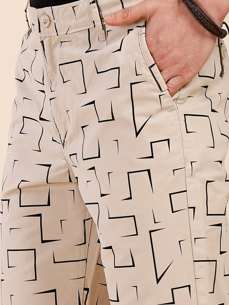 Thomas Scott Men Beige Mid-Rise Regular Fit Geometric Print Cotton Woven Chinos Shorts