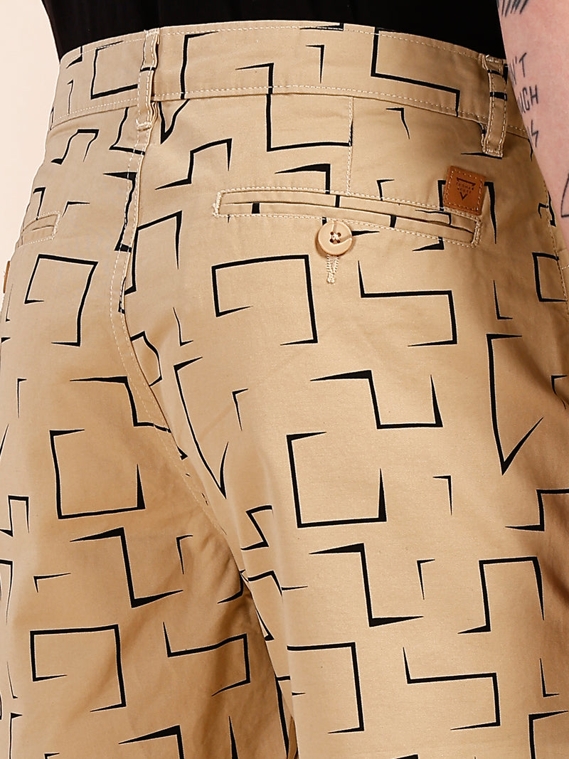 Thomas Scott Men Khaki Mid-Rise Regular Fit Geometric Print Cotton Woven Chinos Shorts