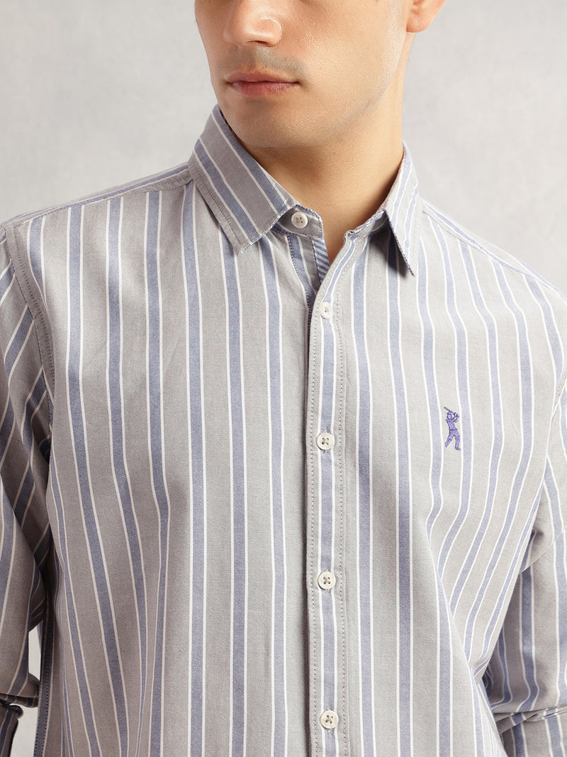 Thomas Scott Men Grey Slim Fit Long Sleeves Vertical Stripes Spread Collar 100% Cotton Oxford Casual Shirt