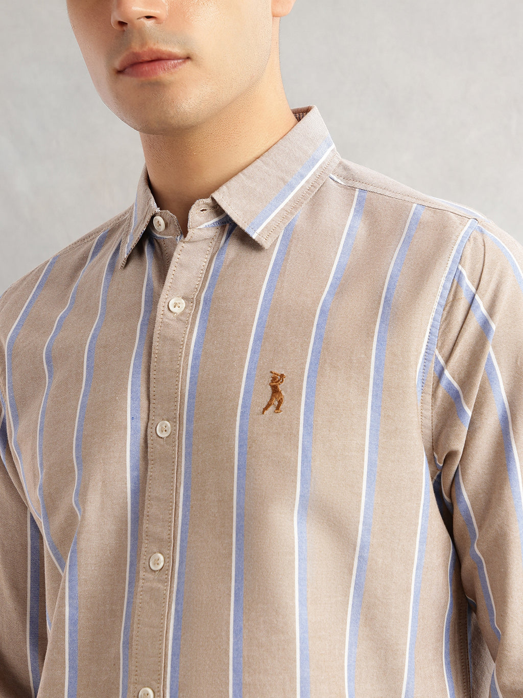 Thomas Scott Men Beige Slim Fit Long Sleeves Spread Collar 100% Cotton Oxford Casual Shirt