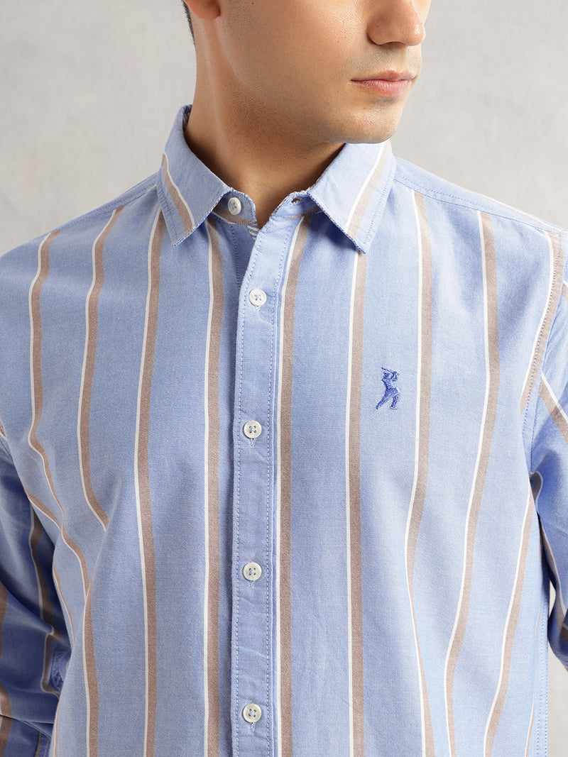 Thomas Scott Men Blue Slim Fit Long Sleeves Spread Collar 100% Cotton Oxford Casual Shirt
