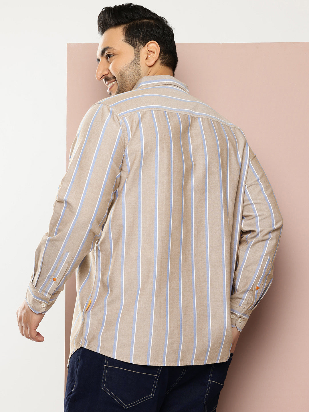 Thomas Scott Men Beige Plus Size Regular Fit Long Sleeves Spread Collar 100% Cotton Oxford Casual Shirt