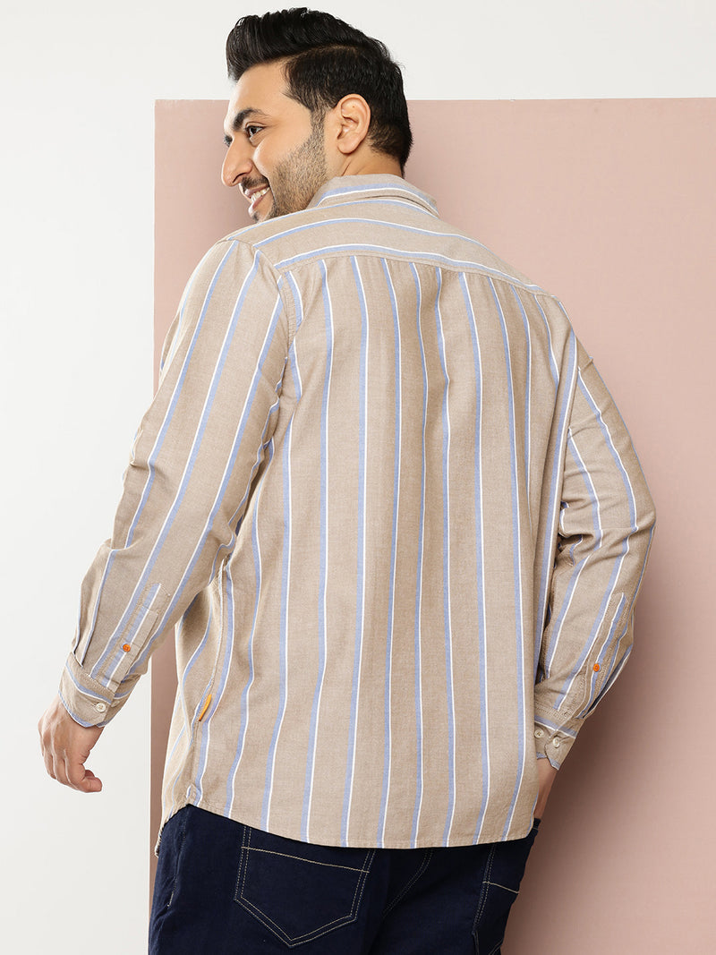 Thomas Scott Men Beige Plus Size Regular Fit Long Sleeves Spread Collar 100% Cotton Oxford Casual Shirt