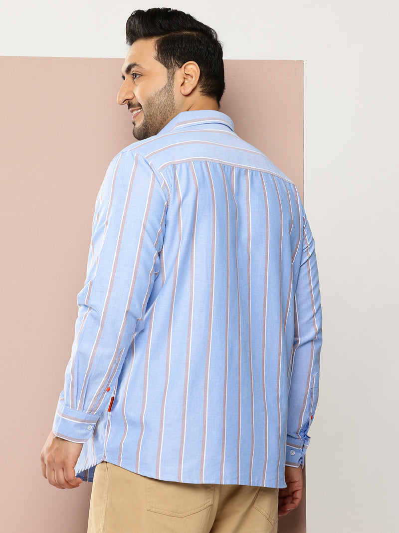 Thomas Scott Men Blue Plus Size Regular Fit Long Sleeves Spread Collar 100% Cotton Oxford Casual Shirt