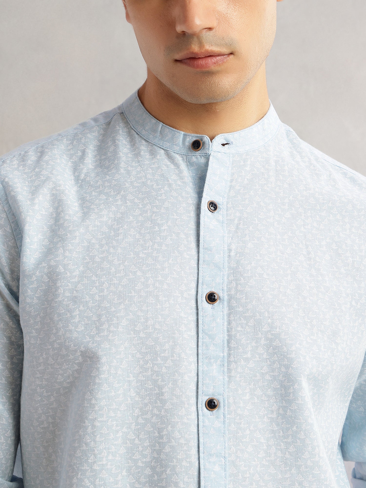 Thomas Scott Men Blue Slim Fit Long Sleeves Mandarin Collar Conversational Printed Cotton Linen Casual Shirt