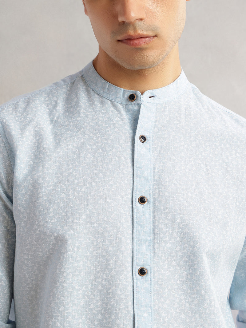 Thomas Scott Men Blue Slim Fit Long Sleeves Mandarin Collar Conversational Printed Cotton Linen Casual Shirt