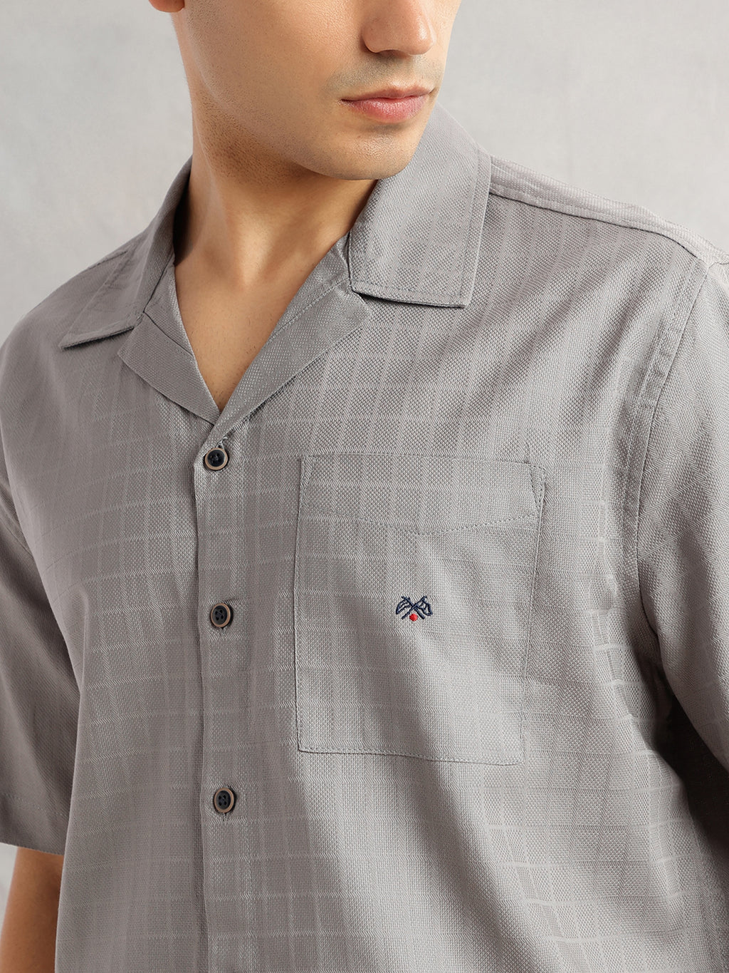 Thomas Scott Men Grey Oversized Fit Short Sleeves Cuban Collar Gingham Checks 100% Cotton Casual Shirt