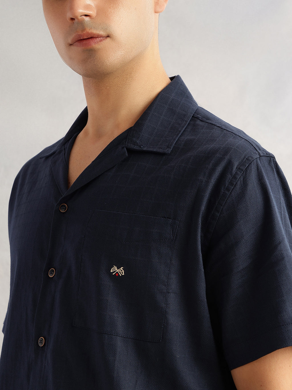 Thomas Scott Men Navy Oversized Fit Short Sleeves Cuban Collar Gingham Checks 100% Cotton Casual Shirt