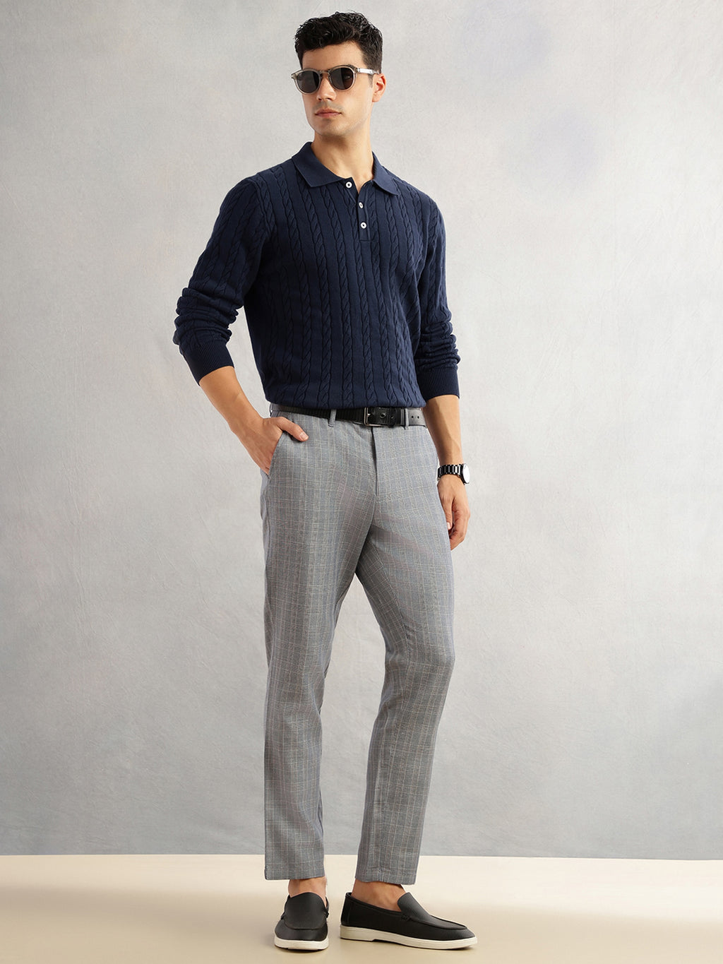 Thomas Scott Men Navy Straight Fit Mid-Rise Checked Woven Regular Trouser