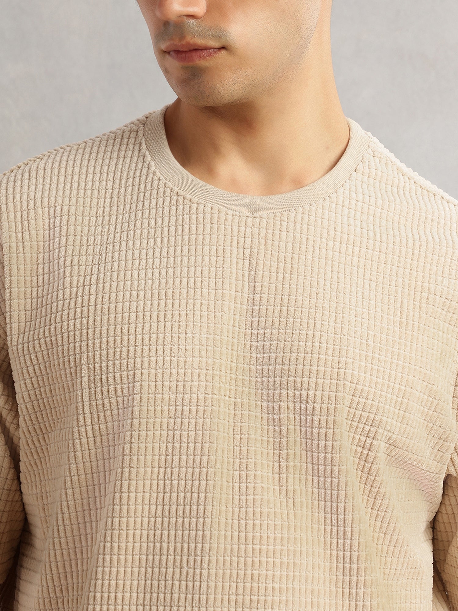 Thomas Scott Men Beige Cordery Checks Polyester Knitted Co-Ord Sets With Short Sleeves & Round Neck