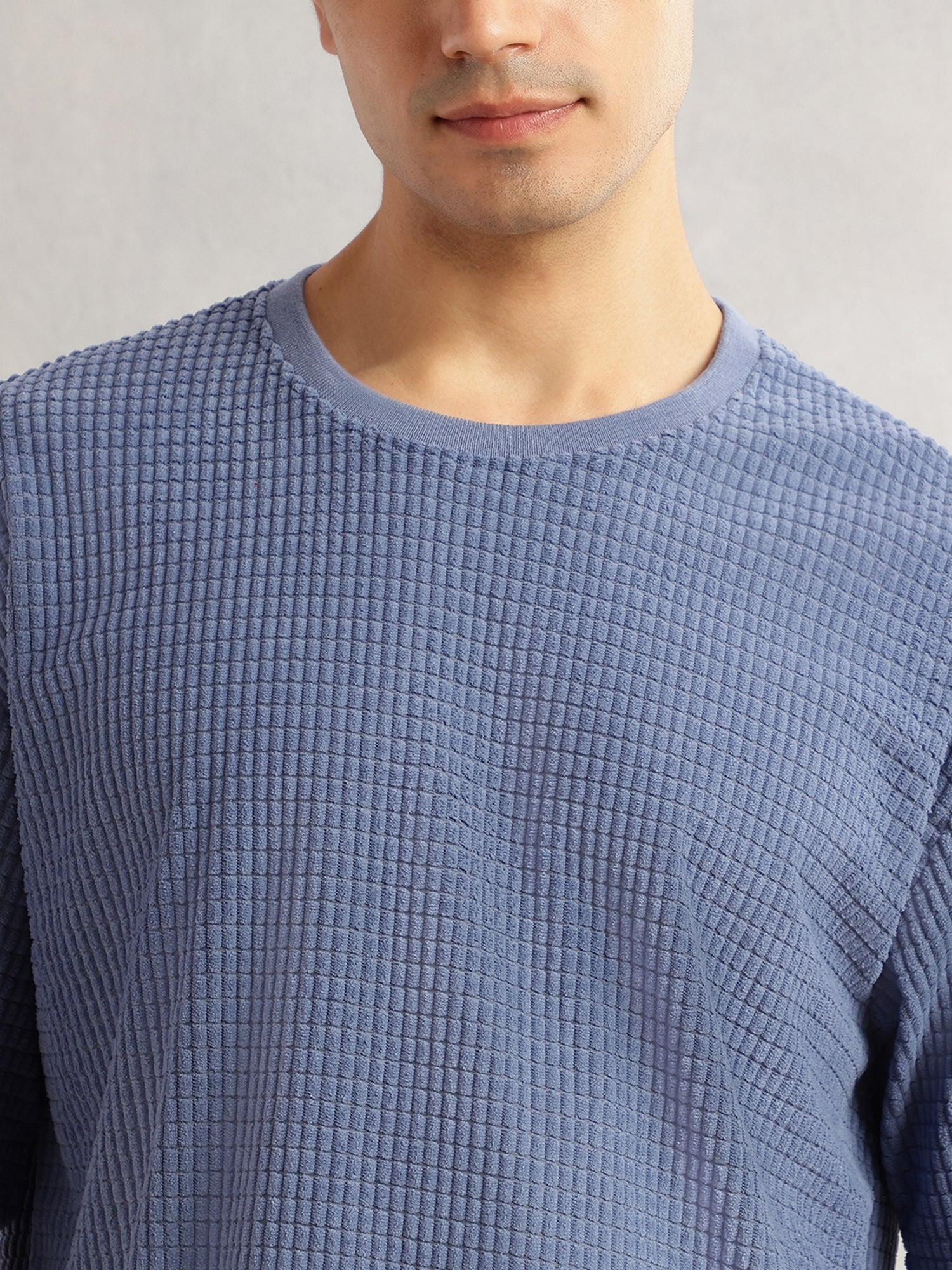 Thomas Scott Men Blue Cordery Checks Polyester Knitted Co-Ord Sets With Short Sleeves & Round Neck