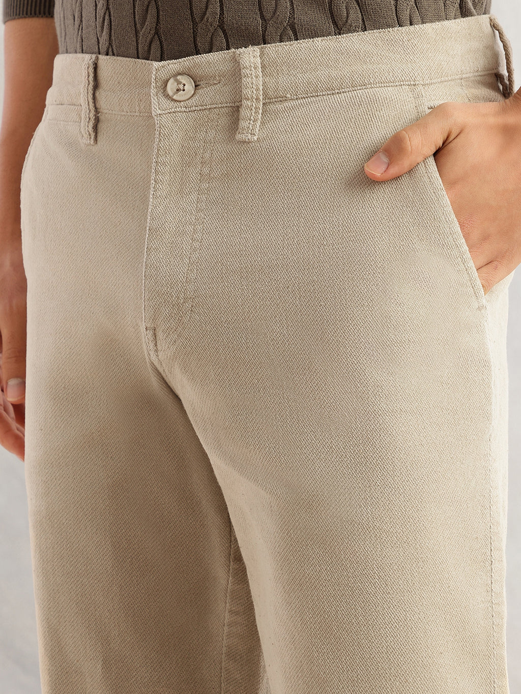 Thomas Scott Men Fawn Regular Fit Mid-Rise Self Texture Cross Corduroy Trouser