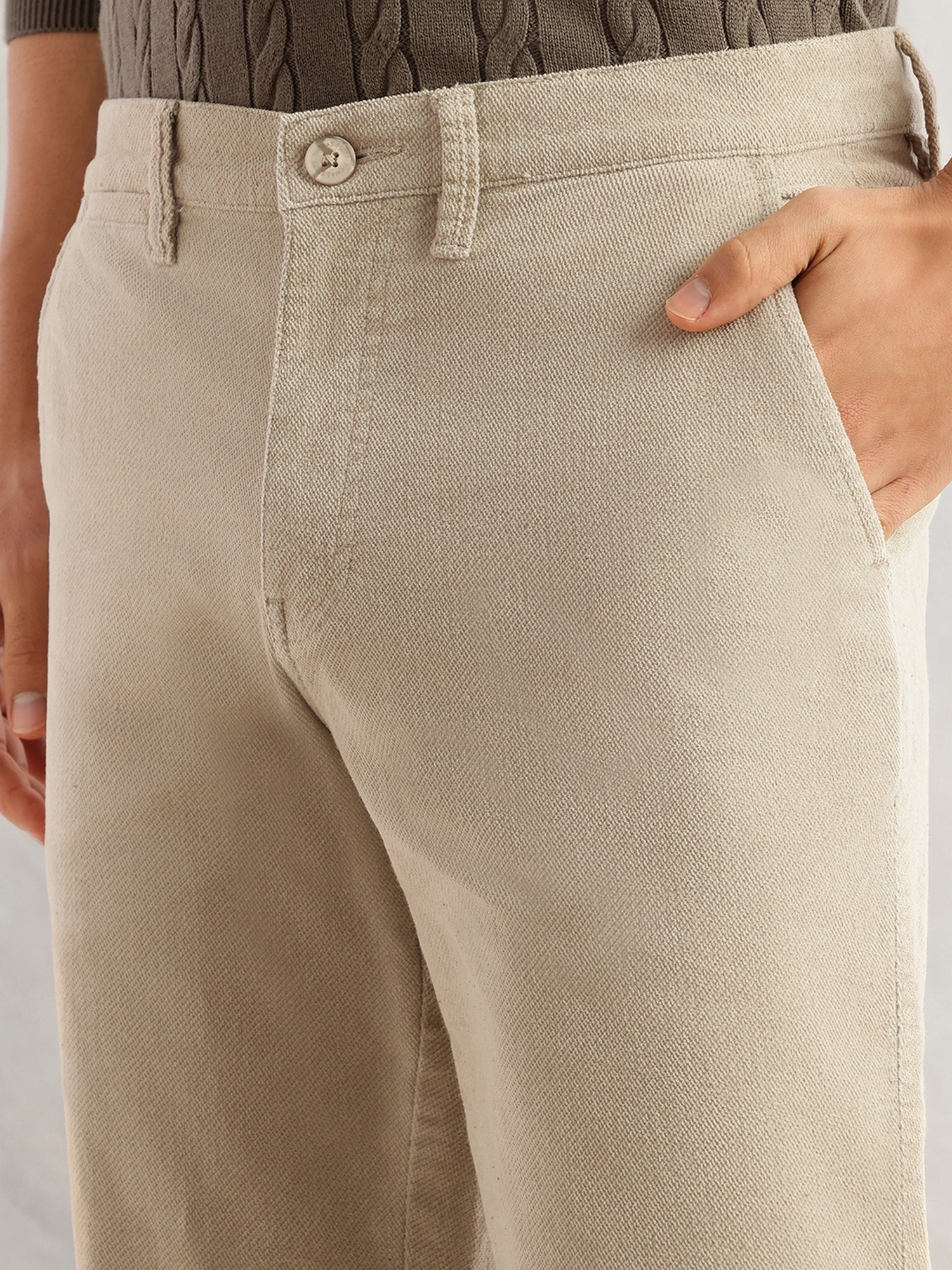 Thomas Scott Men Fawn Regular Fit Mid-Rise Self Texture Cross Corduroy Trouser