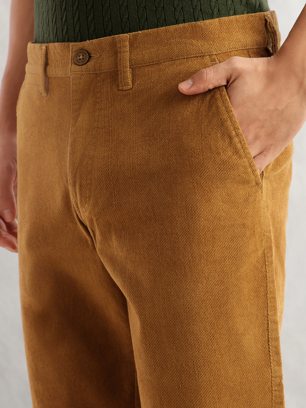 Thomas Scott Men Mustard Regular Fit Mid-Rise Self Texture Cross Corduroy Trouser