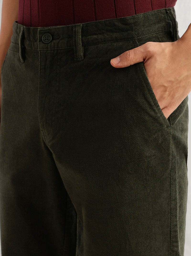 Thomas Scott Men Olive Regular Fit Mid-Rise Self Texture Cross Corduroy Trouser