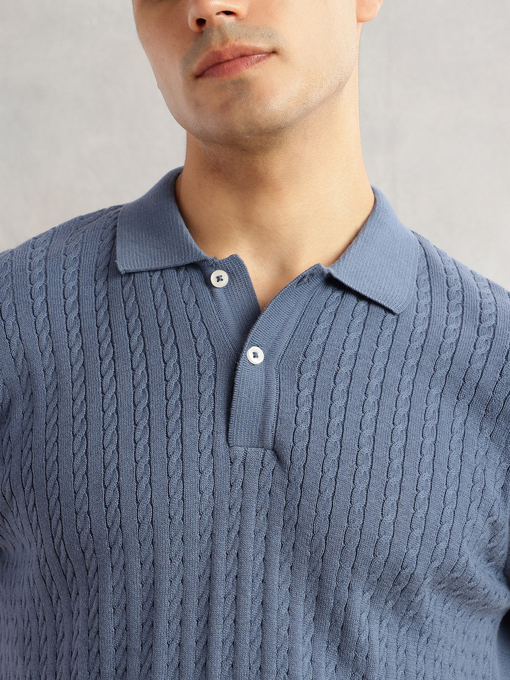 Thomas Scott Men Blue Regular Fit Short Sleeves Self Design 100% Cotton Polo Collar Knitted Tshirt