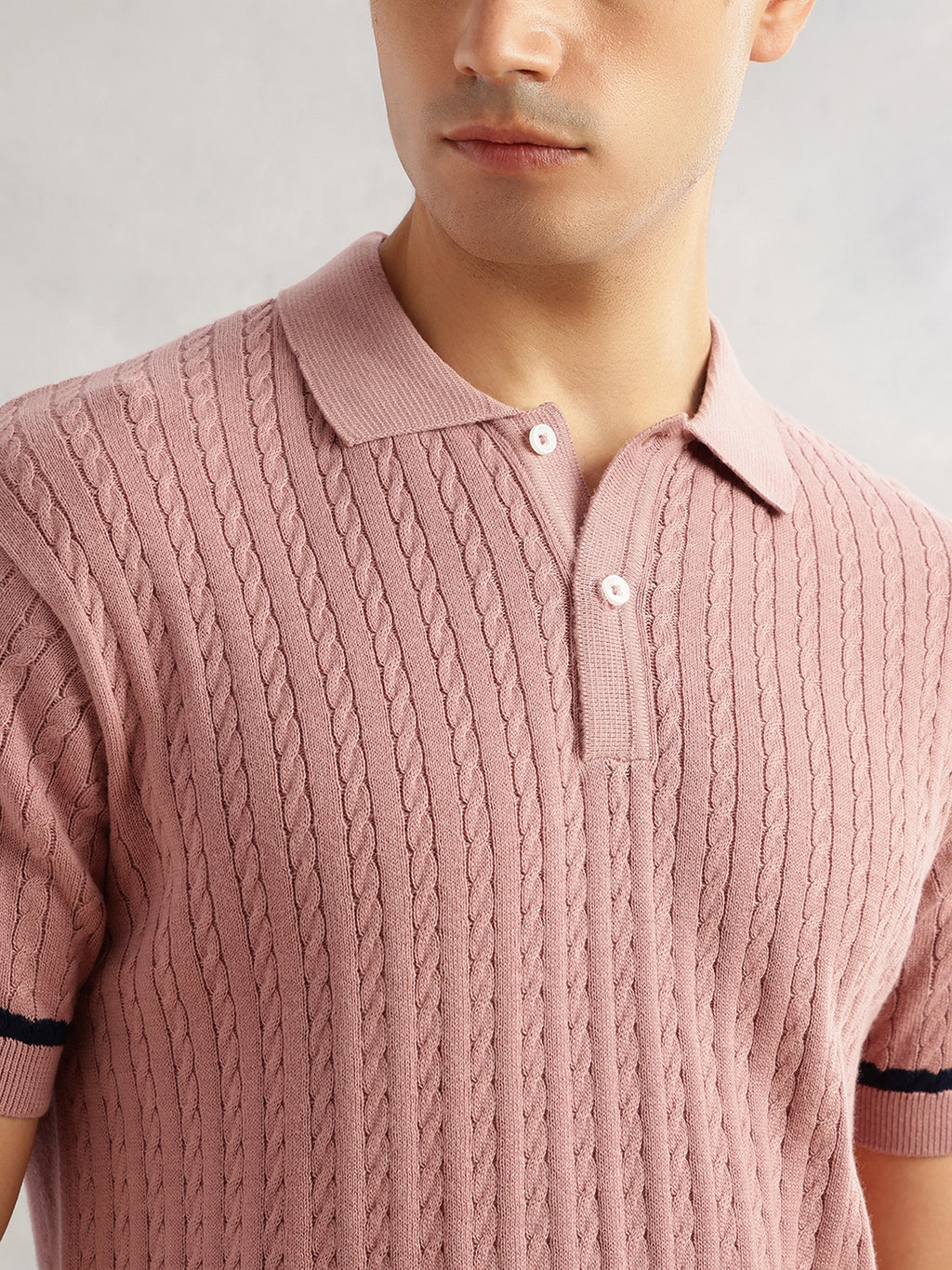 Thomas Scott Men Pink Regular Fit Short Sleeves Self Design 100% Cotton Polo Collar Knitted Tshirt