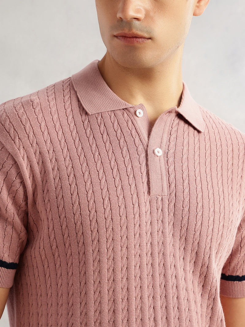 Thomas Scott Men Pink Regular Fit Short Sleeves Self Design 100% Cotton Polo Collar Knitted Tshirt