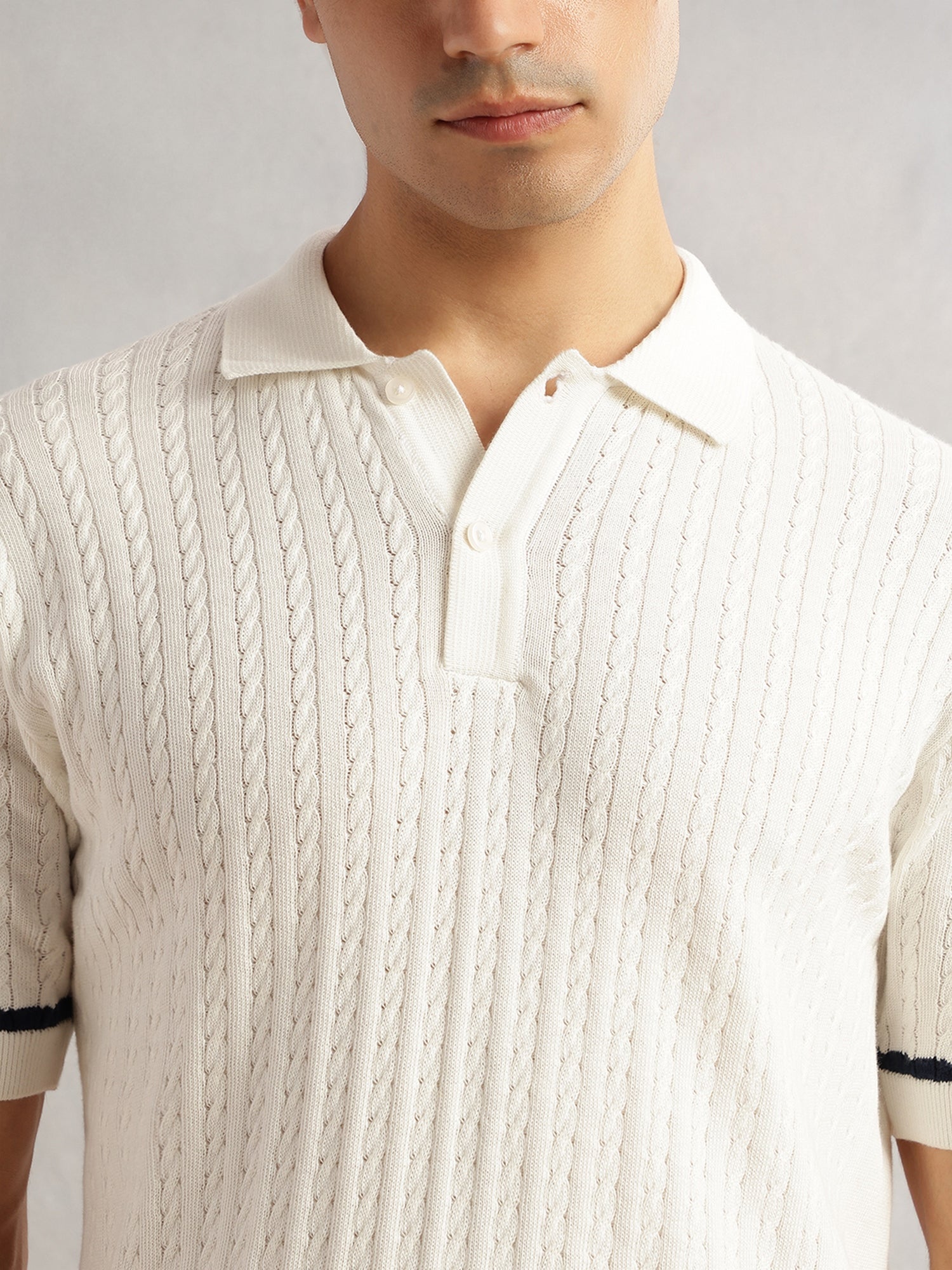 Thomas Scott Men White Regular Fit Short Sleeves Self Design 100% Cotton Polo Collar Knitted Tshirt