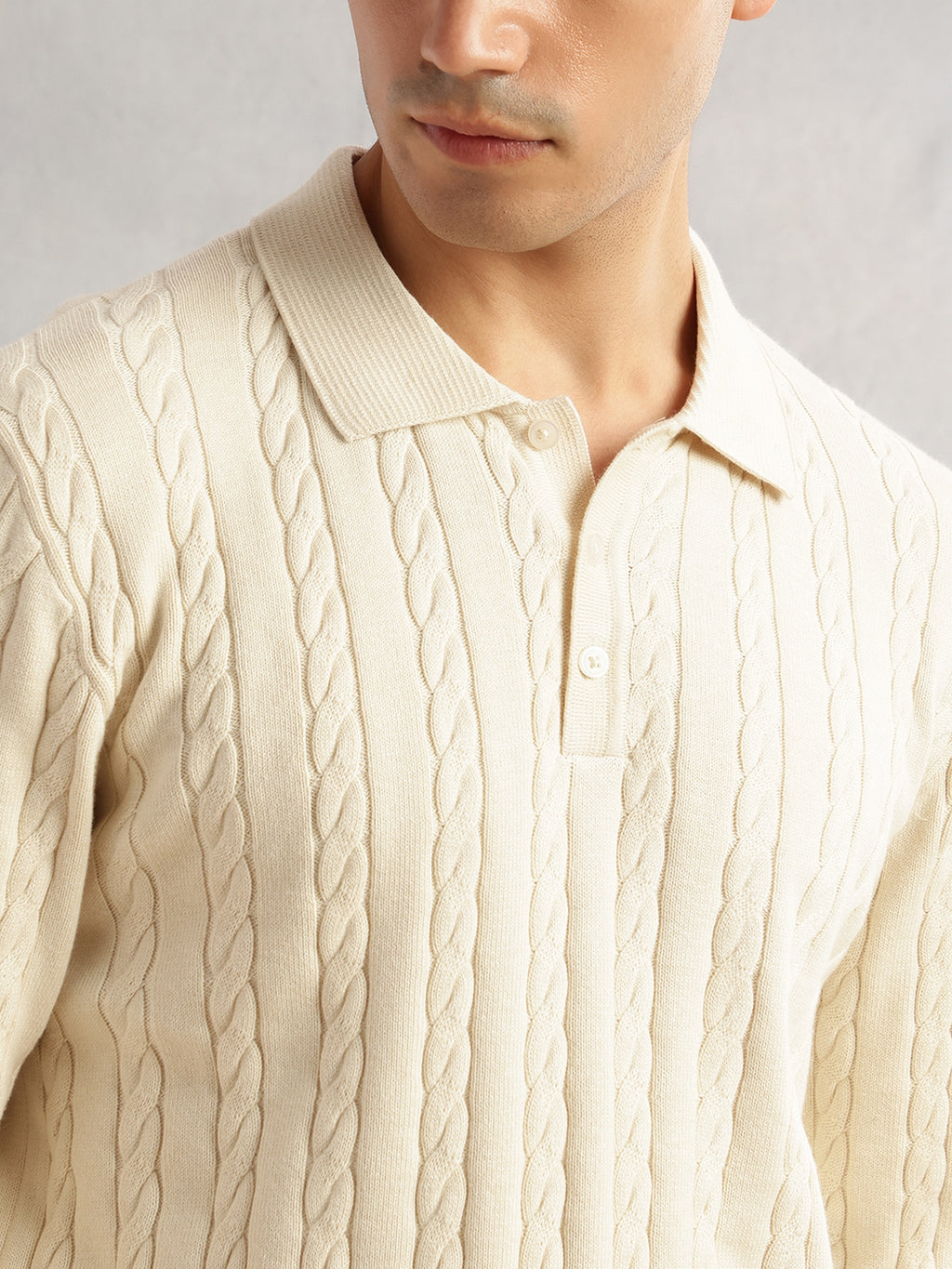 Thomas Scott Men Cream Regular Fit Long Sleeves Self Design 100% Cotton Polo Collar Knitted Tshirt