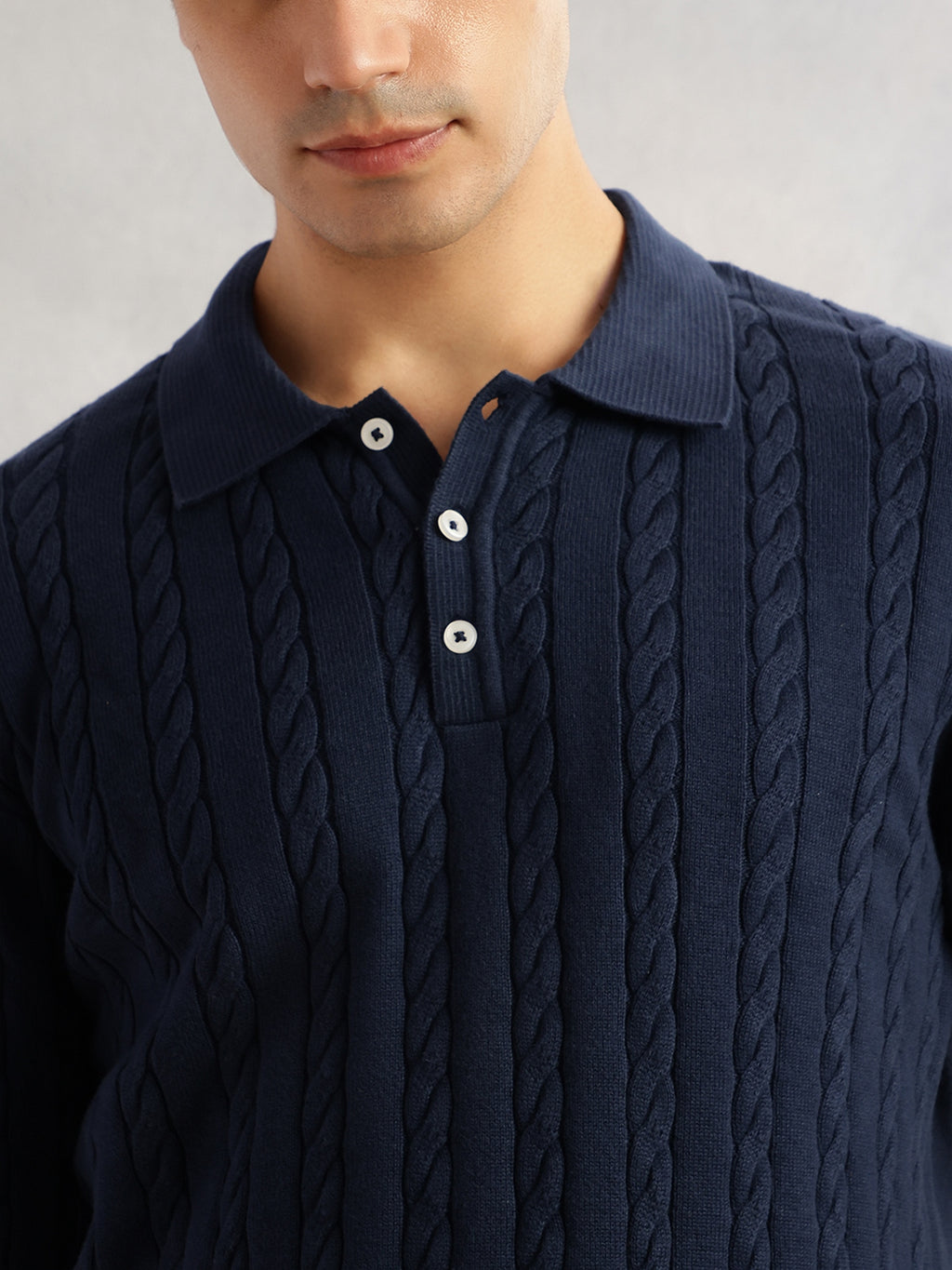 Thomas Scott Men Navy Regular Fit Long Sleeves Self Design 100% Cotton Polo Collar Knitted Tshirt