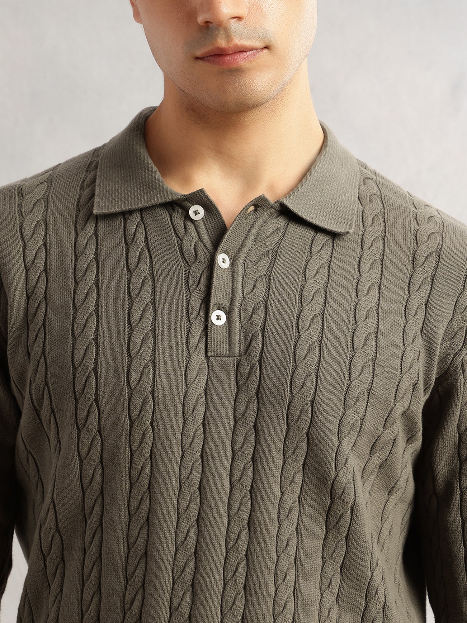 Thomas Scott Men Olive Regular Fit Long Sleeves Self Design 100% Cotton Polo Collar Knitted Tshirt