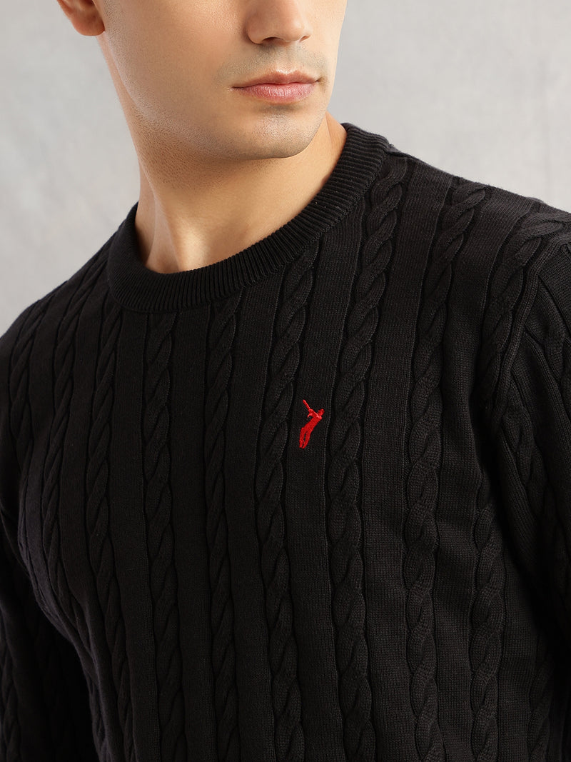 Thomas Scott Men Black Regular Fit Long Sleeves Round Neck Self Design 100% Cotton Cable Knitted Pullover Sweater