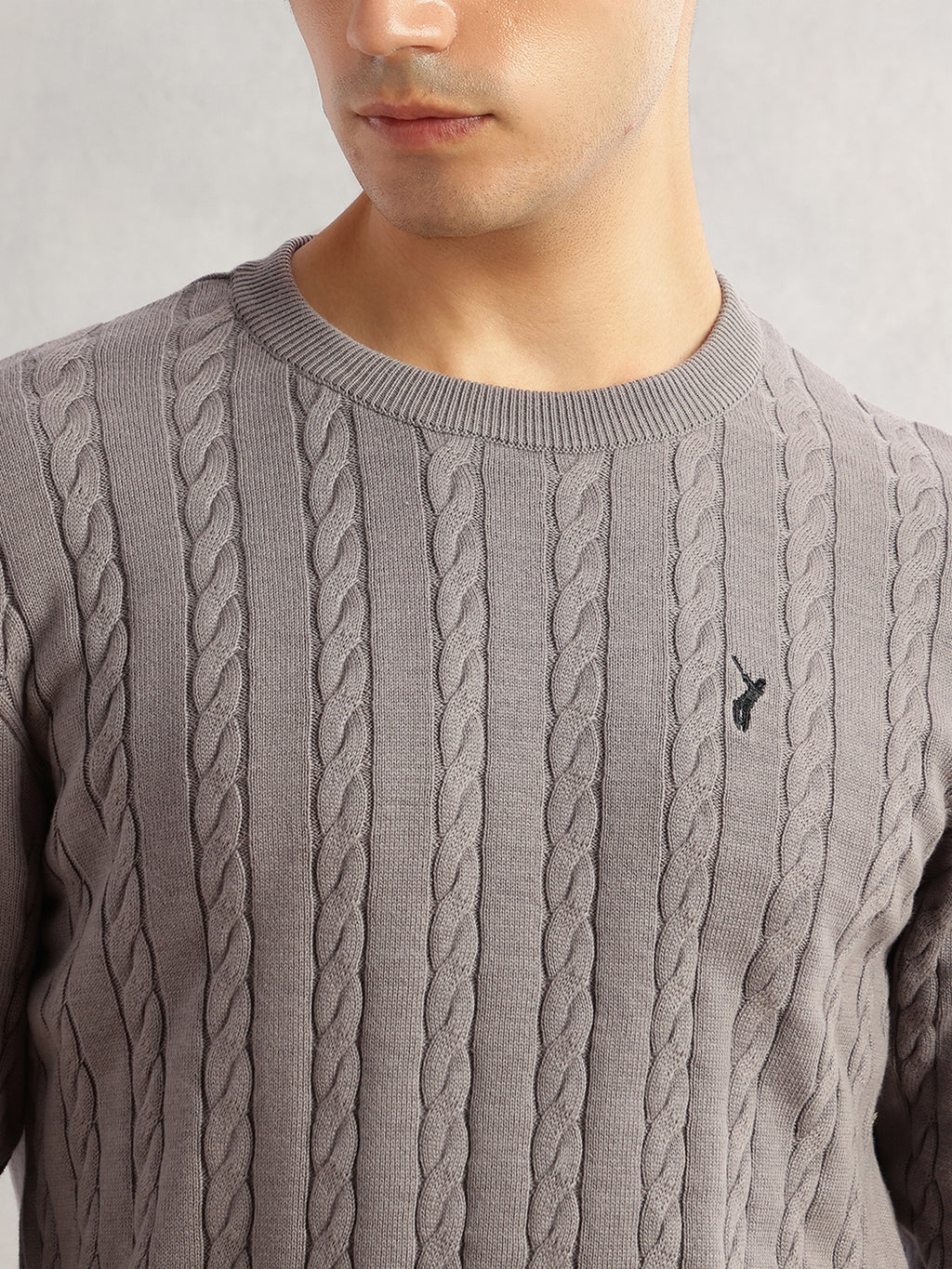 Thomas Scott Men Grey Regular Fit Long Sleeves Round Neck Self Design 100% Cotton Cable Knitted Pullover Sweater