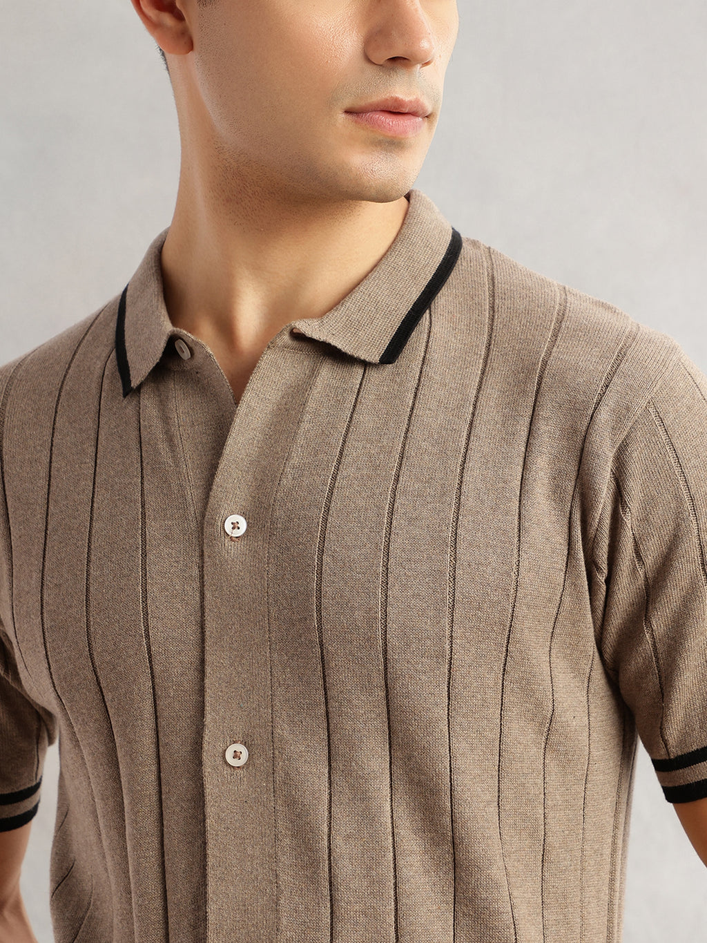 Thomas Scott Men Beige Regular Fit Short Sleeves Striped 100% Cotton Knitted Cardigan Sweater