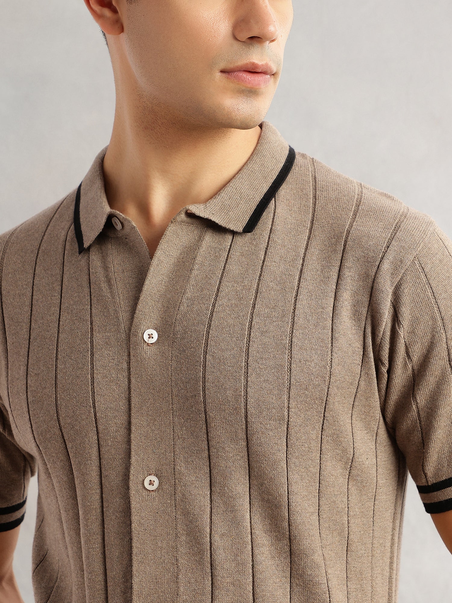 Thomas Scott Men Beige Regular Fit Short Sleeves Striped 100% Cotton Knitted Cardigan Sweater