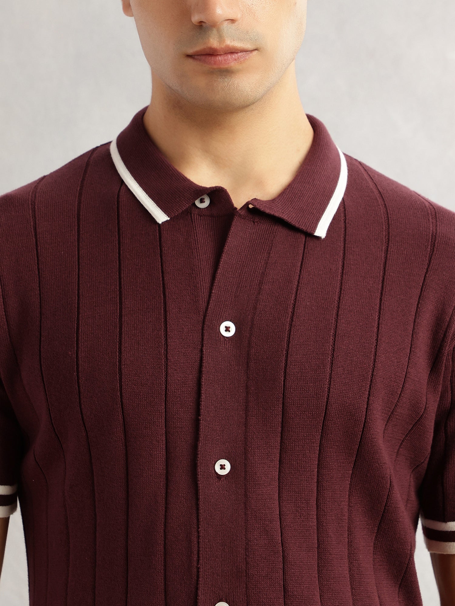 Thomas Scott Men Maroon Regular Fit Short Sleeves Striped 100% Cotton Knitted Cardigan Sweater