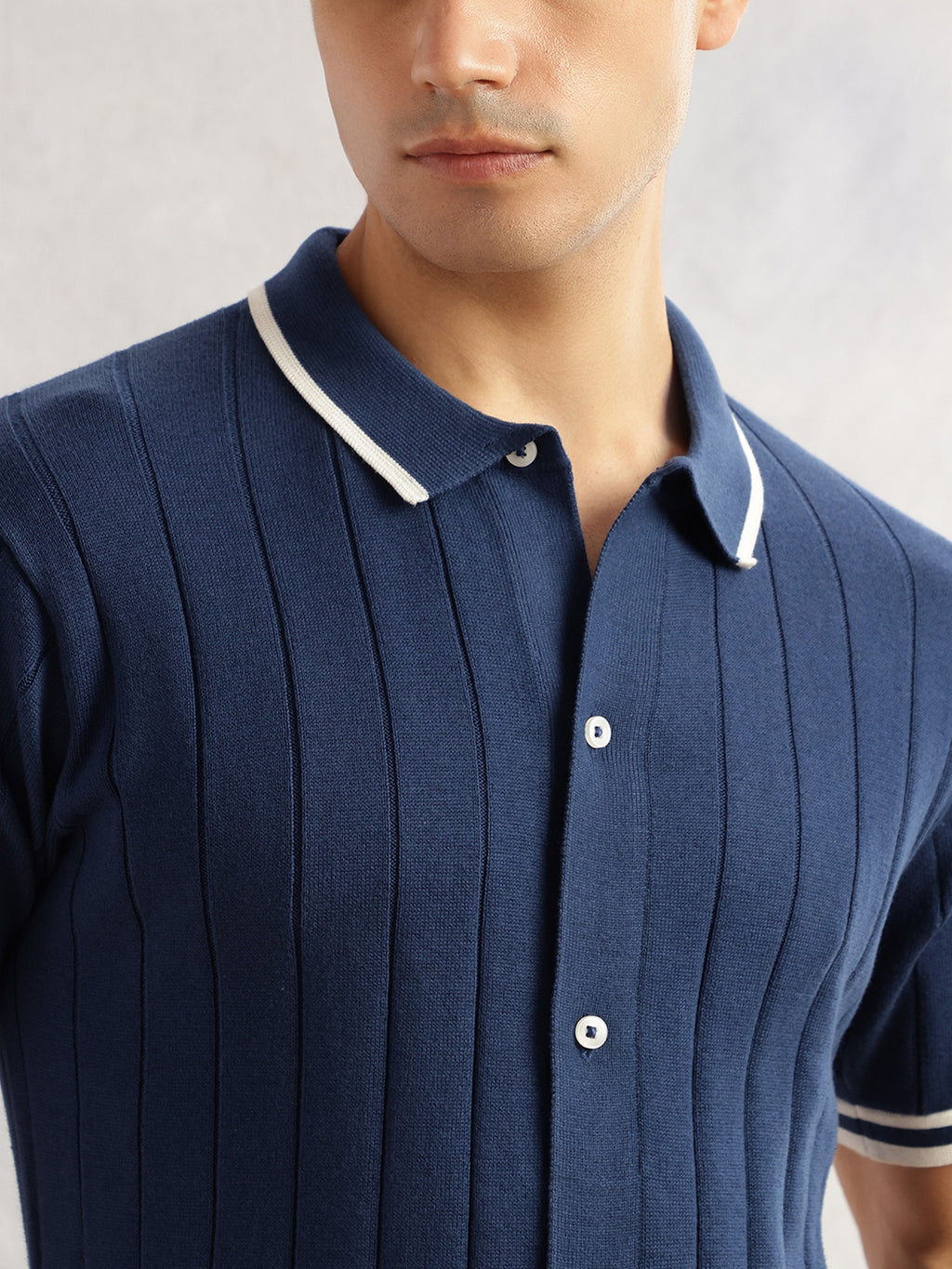 Thomas Scott Men Navy Regular Fit Short Sleeves Striped 100% Cotton Knitted Cardigan Sweater
